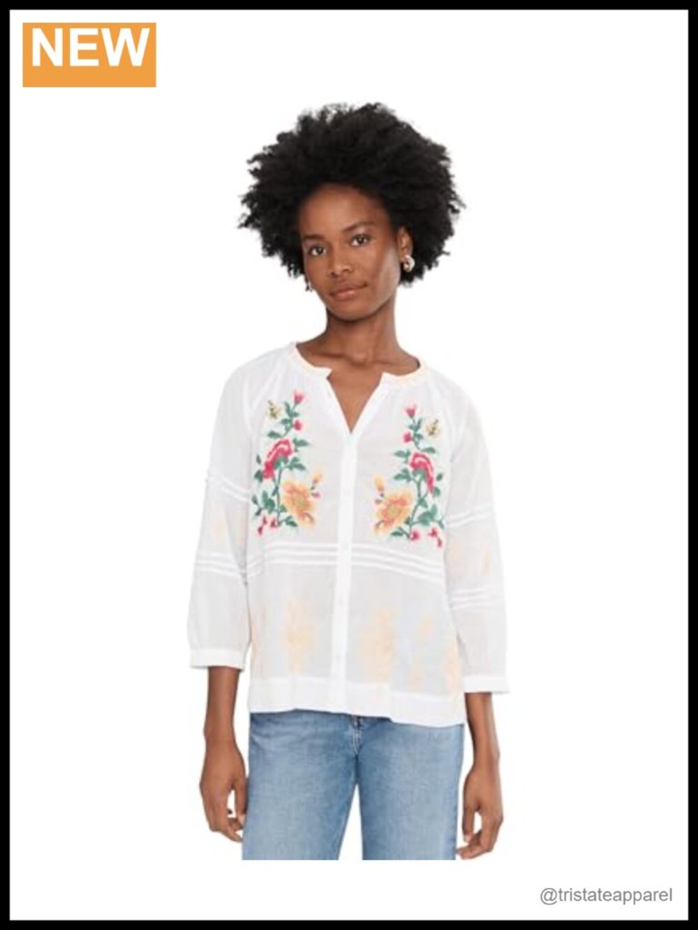 Embroidered Floral Pintuck Raglan Cotton Button-Up Blouse
